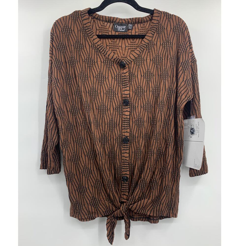 Onque Casual Womens Textured Stretch Top 3/4 Sleeves Brown Black PXL Blouse